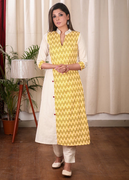 Simple and Elegant A line Pure Cotton Kurta With Chikankari  Side panel and Contrast Buttons