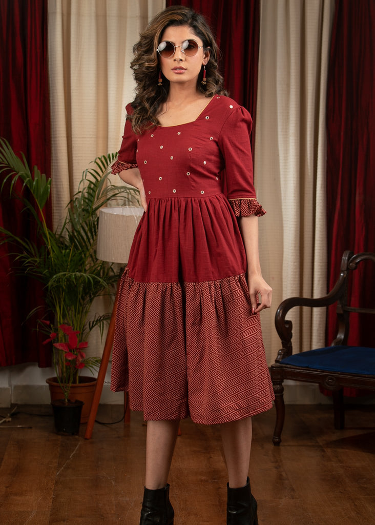 Rust cotton tiered dress with mirror work