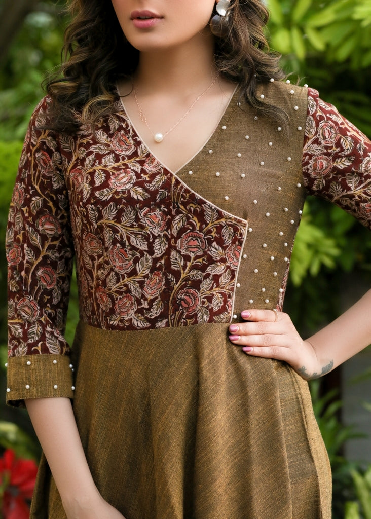 Exclusive Yellow Cotton and Kalamkari Combination Dress with Hand Embroidered Pearls
