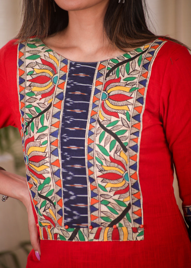 Exclusive  Straight Cut Cotton Kurta Elegantly Combined with Hand Painted Madhubani Work and Ikat