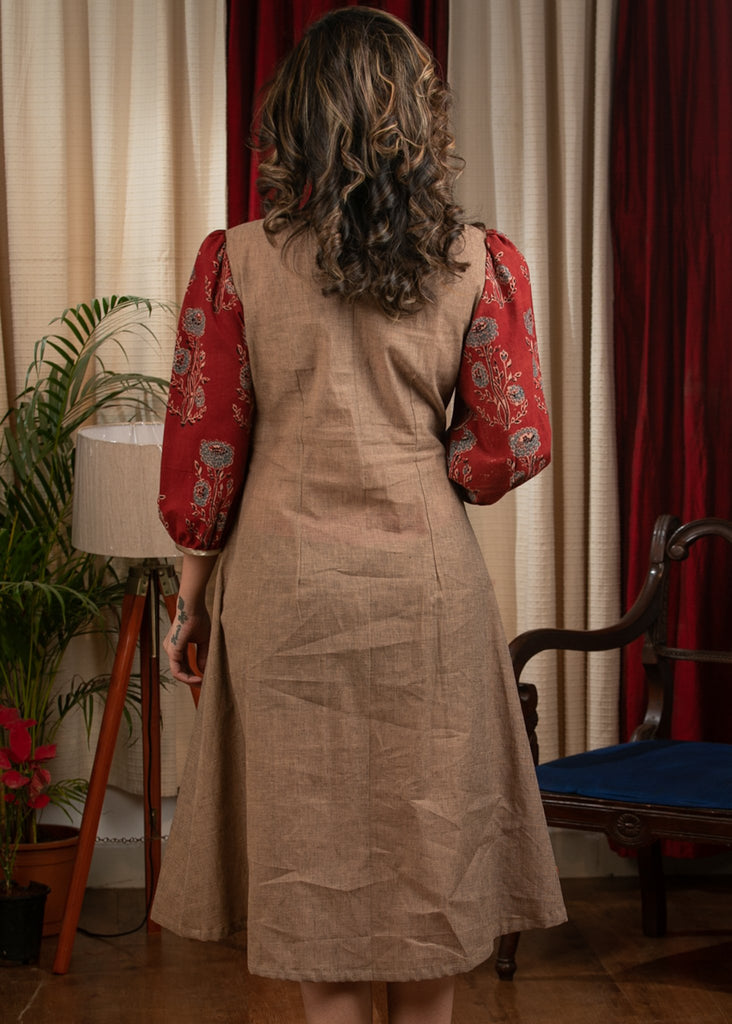 Beige cotton dress with Ajrakh yoke & sleeves