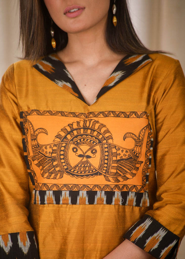 Striking Mustard Cotton Silk Straight Cut Kurta With Exclusive Hand Painted Madhubani Art on The Yoke