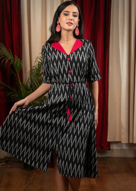 Black ikat dress with red silk collar