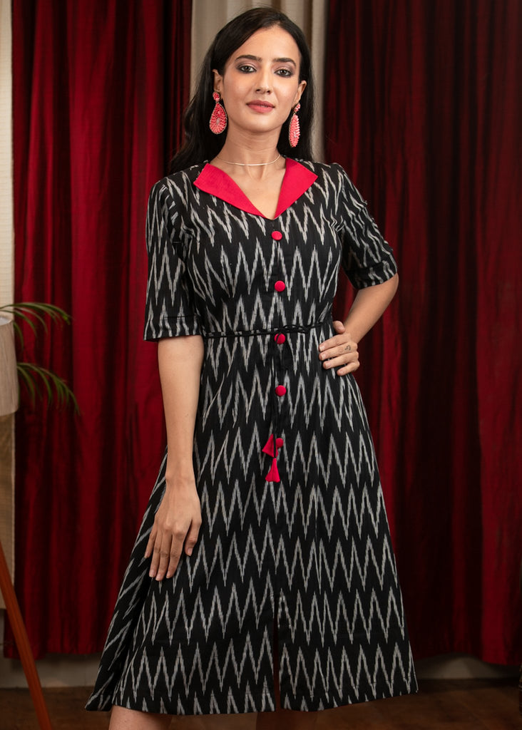 Black ikat dress with red silk collar