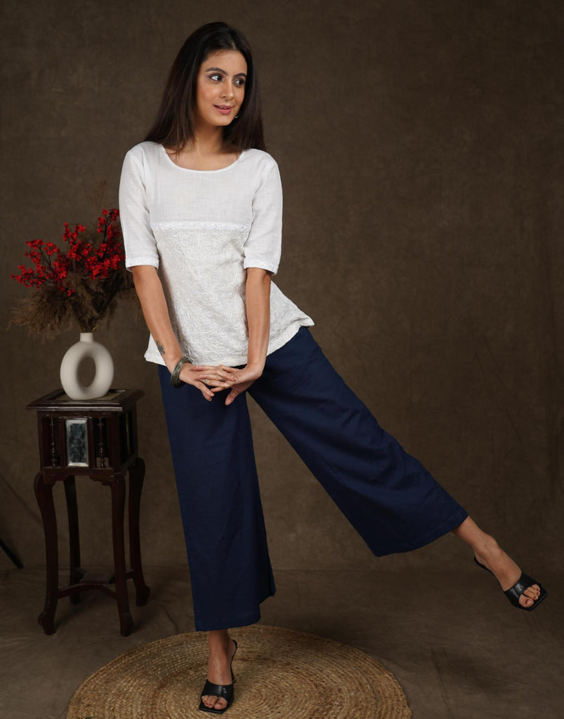 Classy navy blue cotton full length narrow fitted trousers