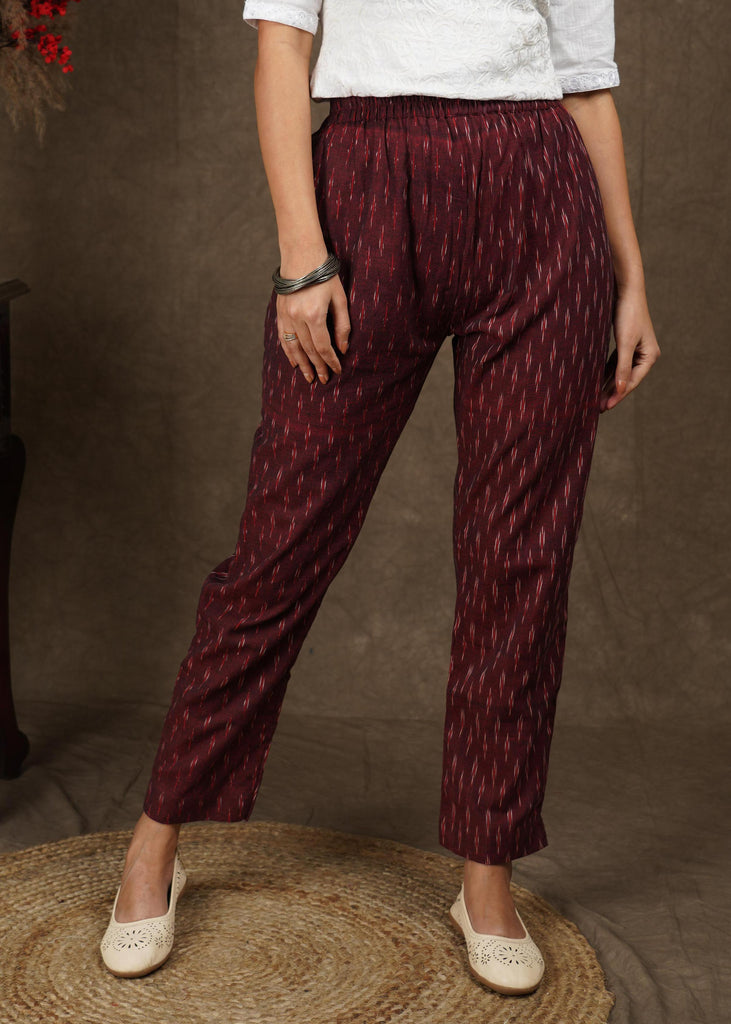 Maroon Ikat casual fitted trouser