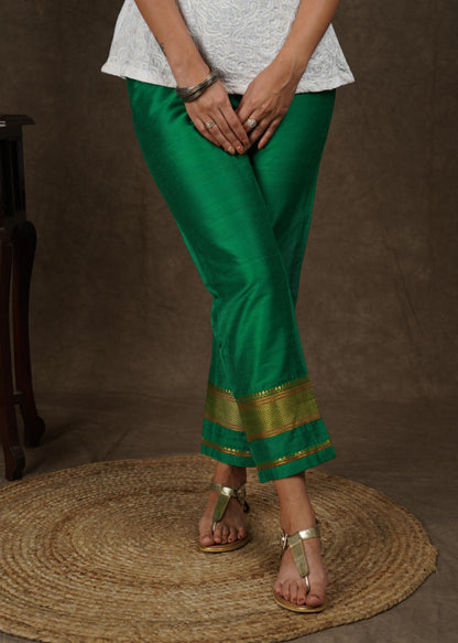 Green cotton silk narrow pant with banarasi border