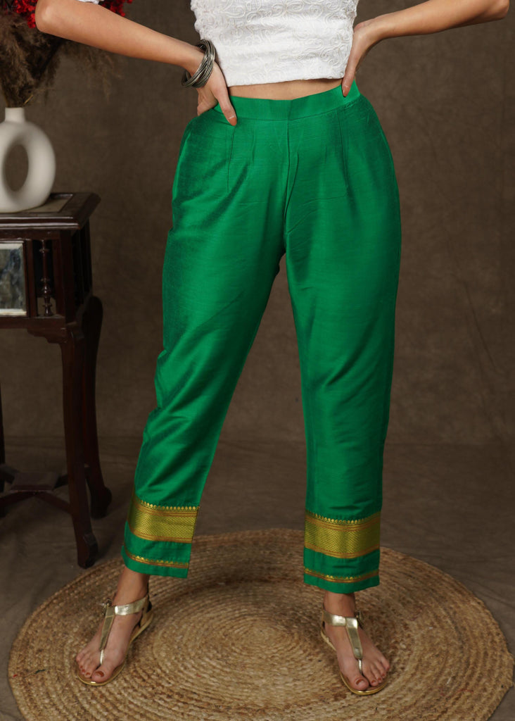 Green cotton silk narrow pant with banarasi border