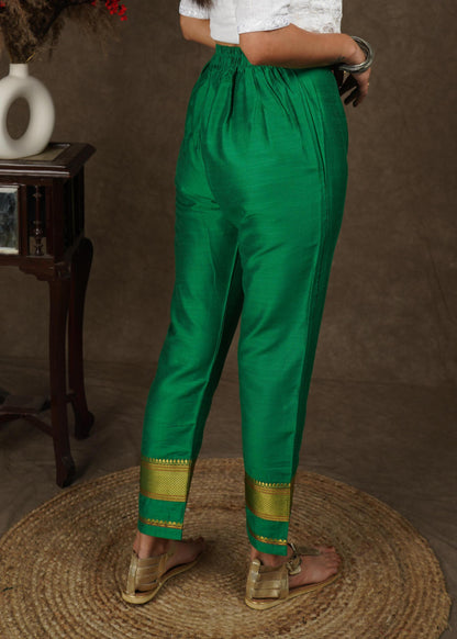 Green cotton silk narrow pant with banarasi border