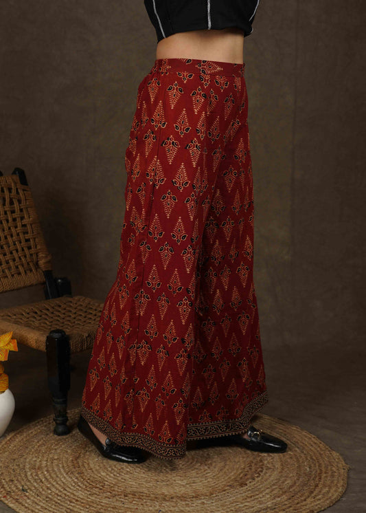 Smart Maroon Ajrakh wide leg palazzo pant
