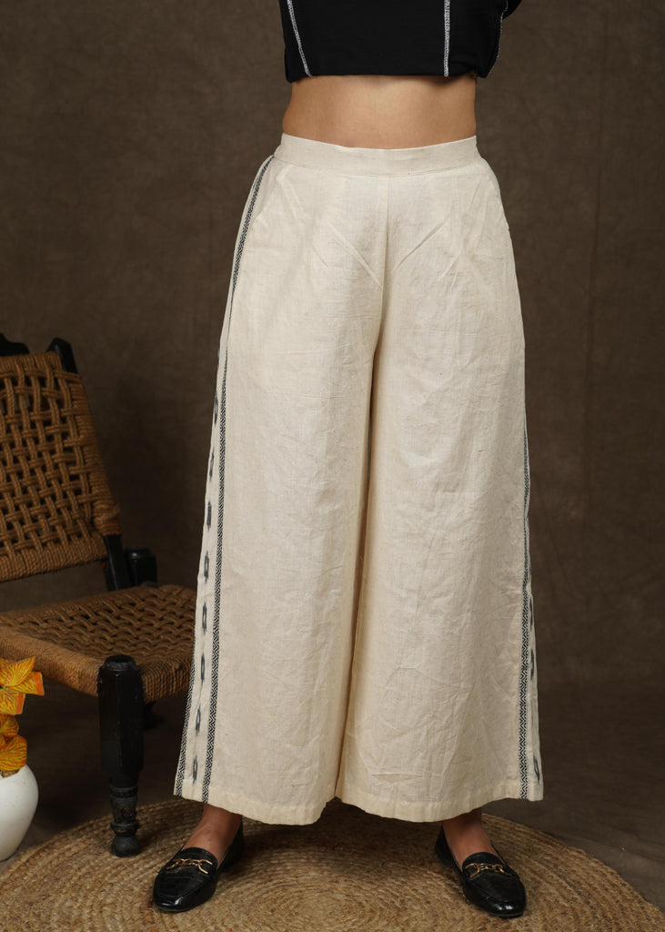 Trendy casual cotton wide palazzo pant with ikat border on the side