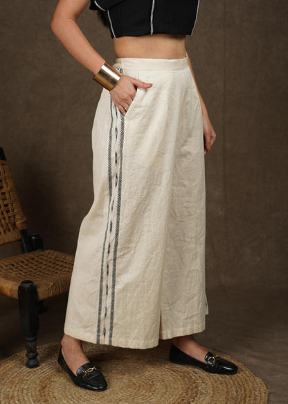 Trendy casual cotton wide palazzo pant with ikat border on the side