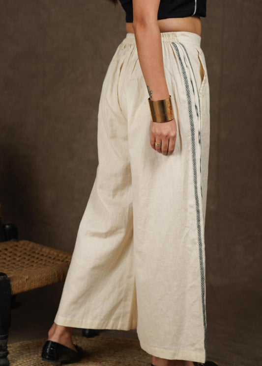 Trendy casual cotton wide palazzo pant with ikat border on the side