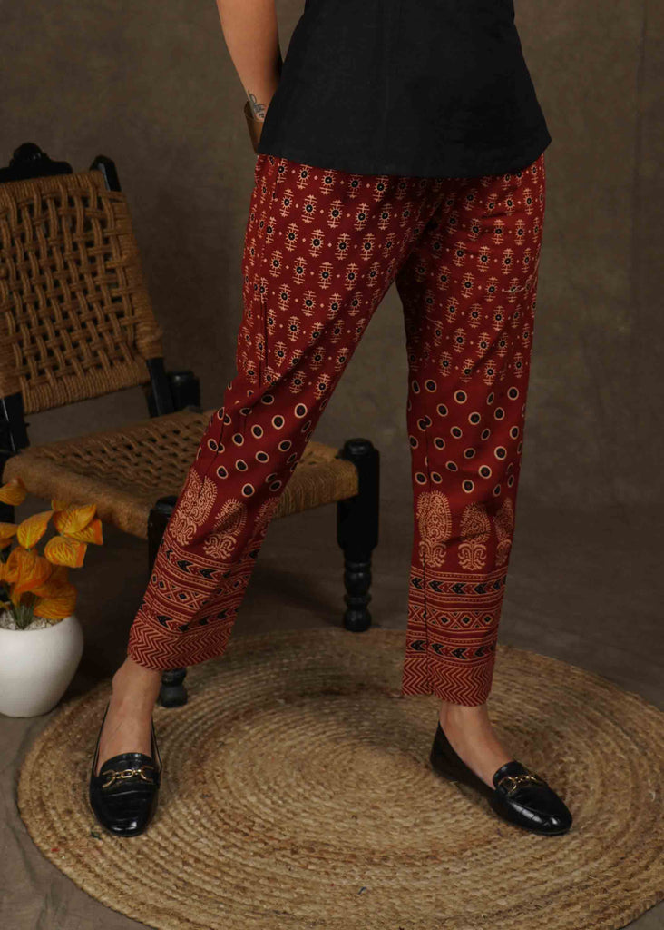 Beautiful maroon Ajrakh narrow fitted pant