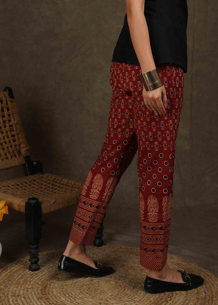 Beautiful maroon Ajrakh narrow fitted pant