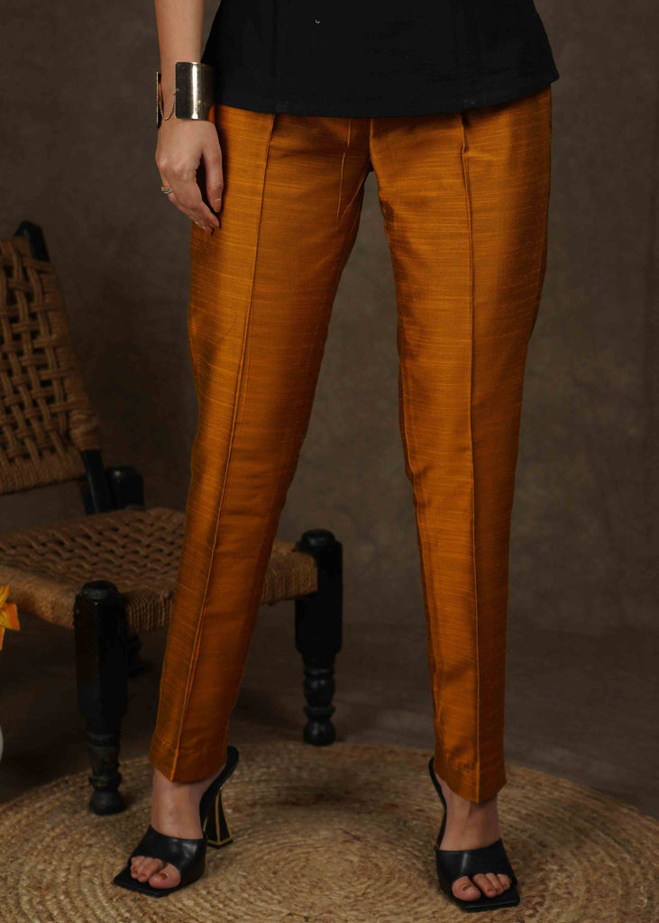 Smart casual dark gold cotton silk narrow fitted trouser