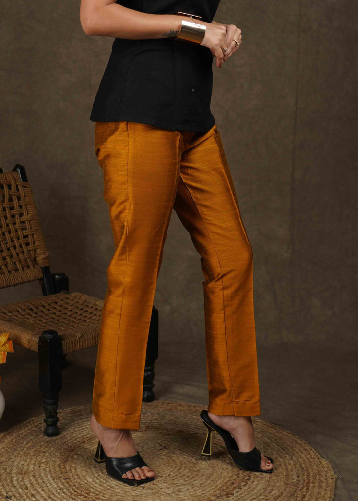 Smart casual dark gold cotton silk narrow fitted trouser