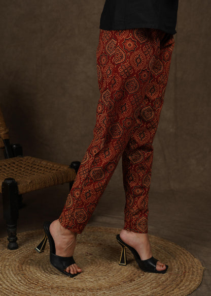 Trendy maroon casual ajrakh narrow fitted trouser