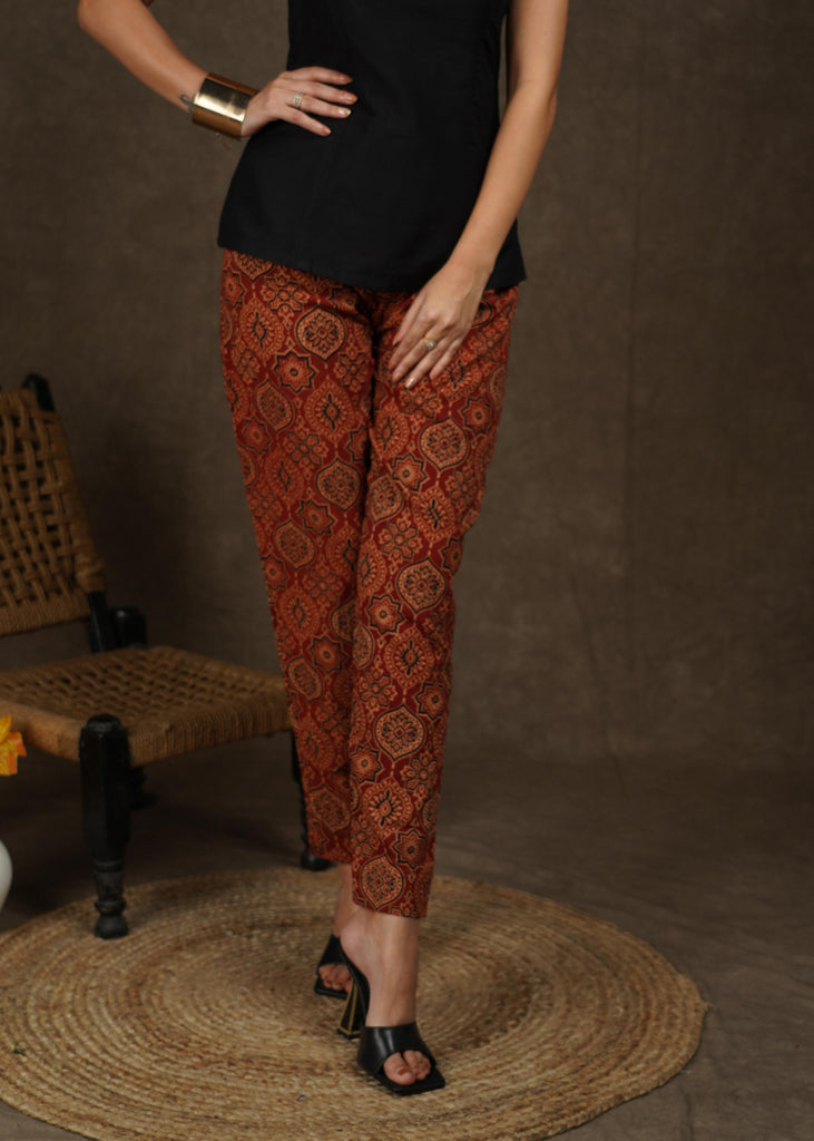 Trendy maroon casual ajrakh narrow fitted trouser