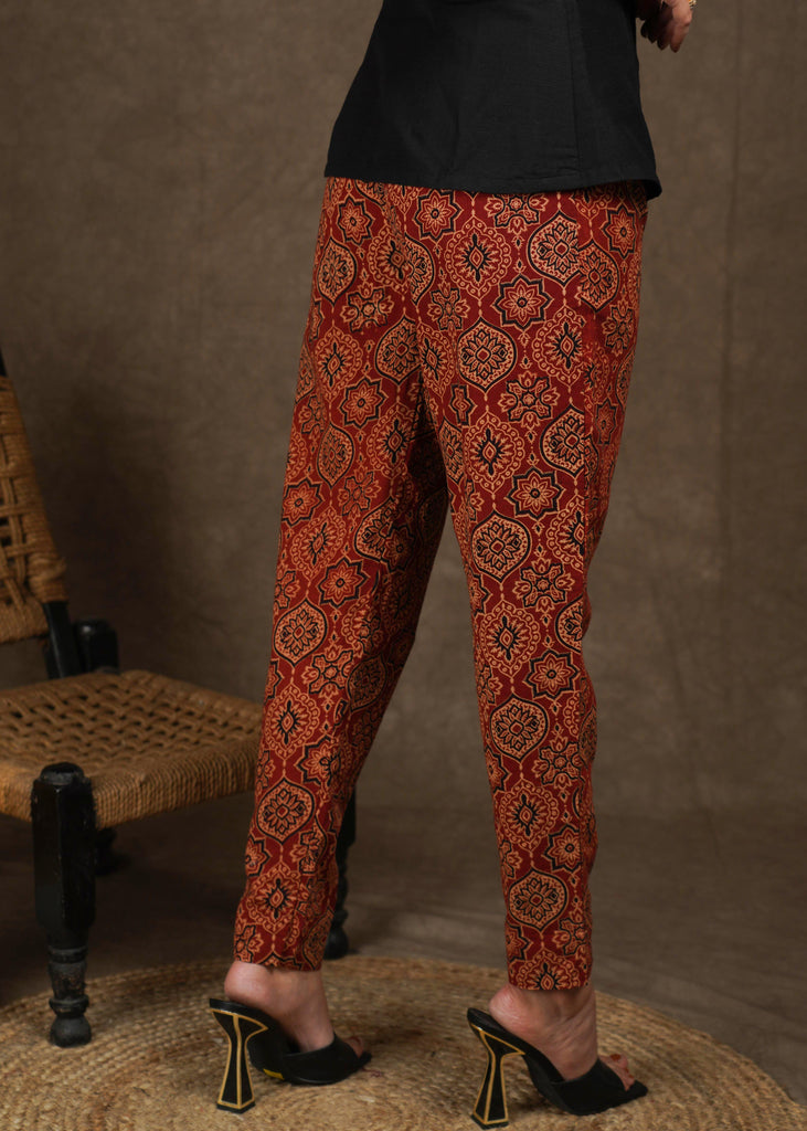 Trendy maroon casual ajrakh narrow fitted trouser