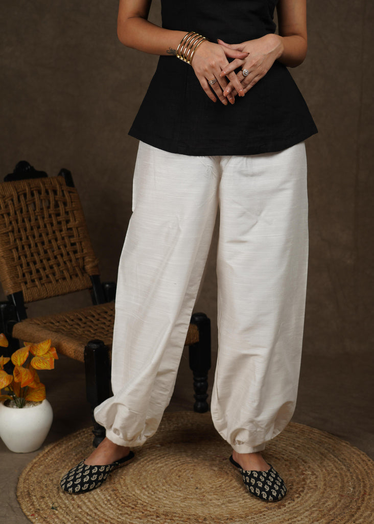 Elegant white cotton silk lantern pants
