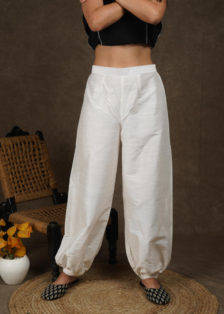 Elegant white cotton silk lantern pants