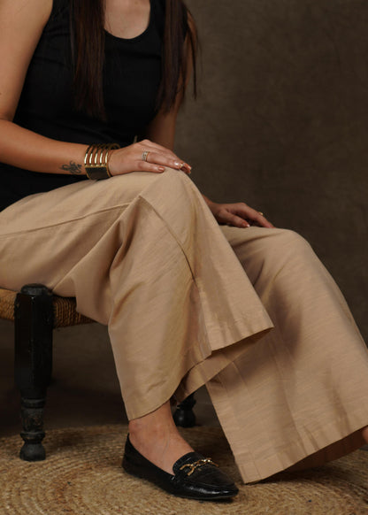 Elegant beige cotton silk wide leg palazzo pant