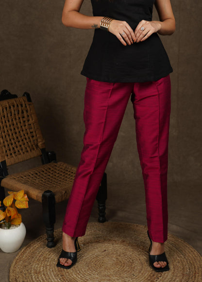 Smart casual magenta cotton silk narrow fitted trouser