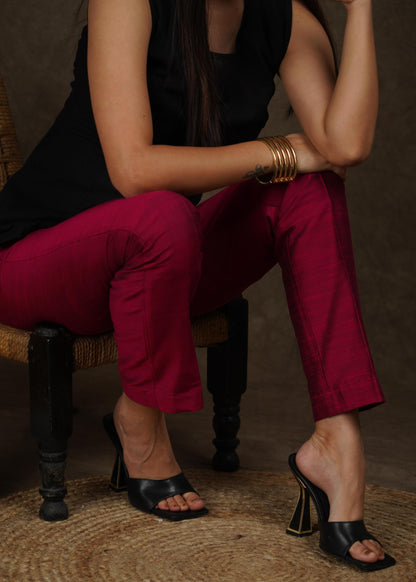 Smart casual magenta cotton silk narrow fitted trouser