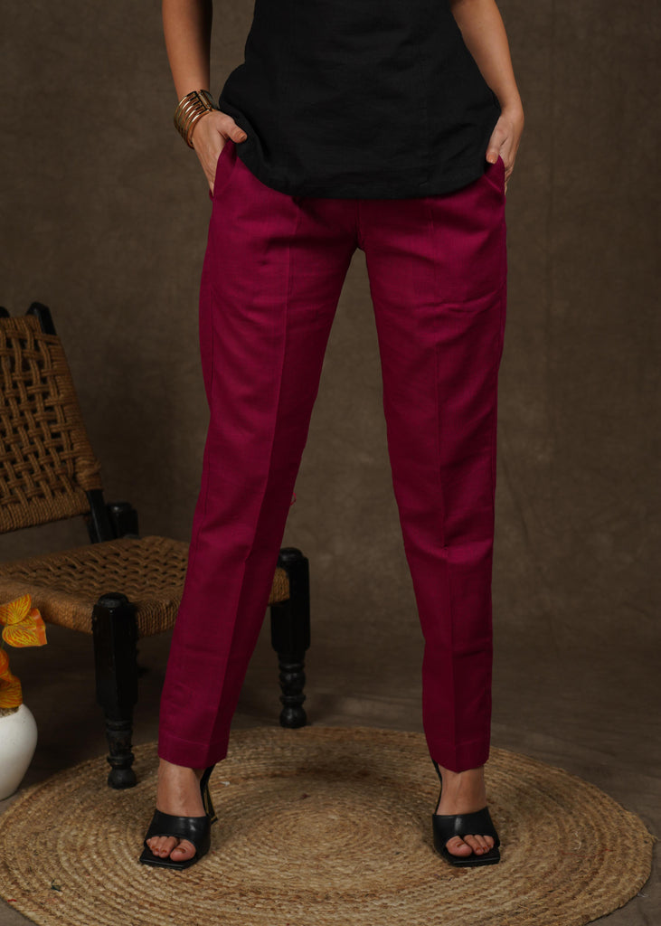Smart casual magenta cotton narrow fitted trouser