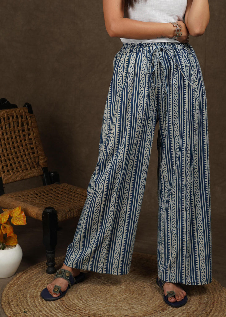 Classy indigo with stripes combination wide leg palazzo pant