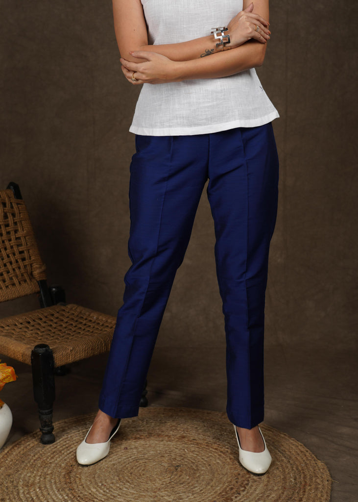 Smart casual royal blue cotton silk narrow fitted pant – Sujatra