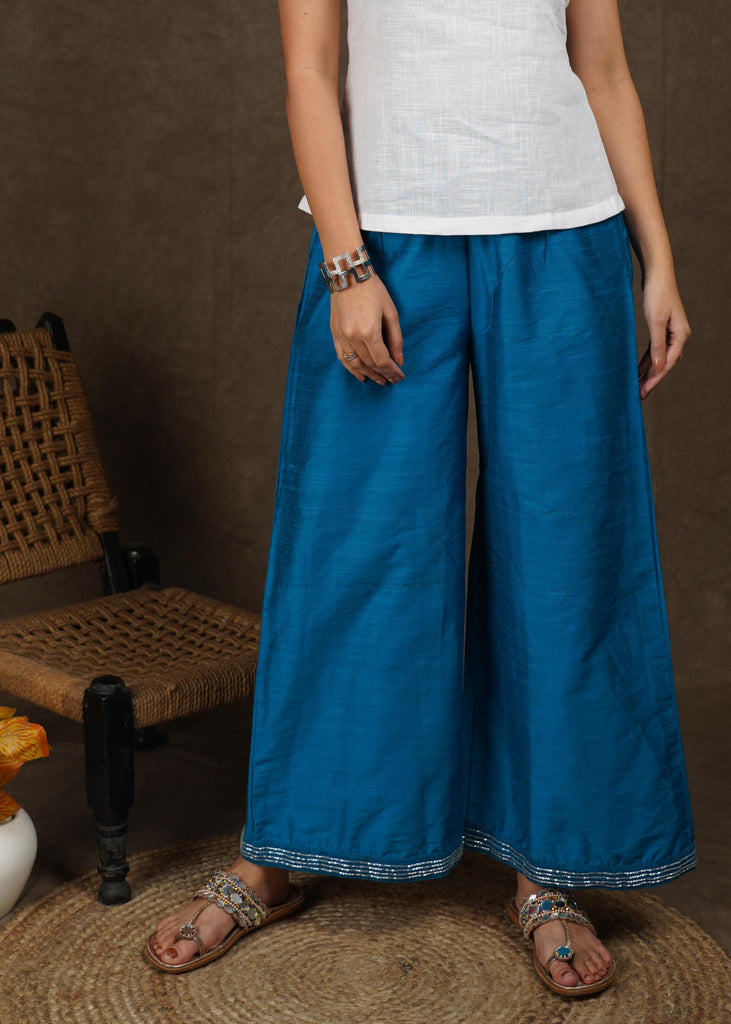 Trendy prussian blue wide leg palazzo pant with beads embroidery on the hemline