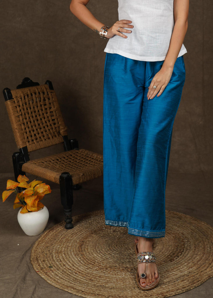 Trendy prussian blue wide leg palazzo pant with beads embroidery on the hemline