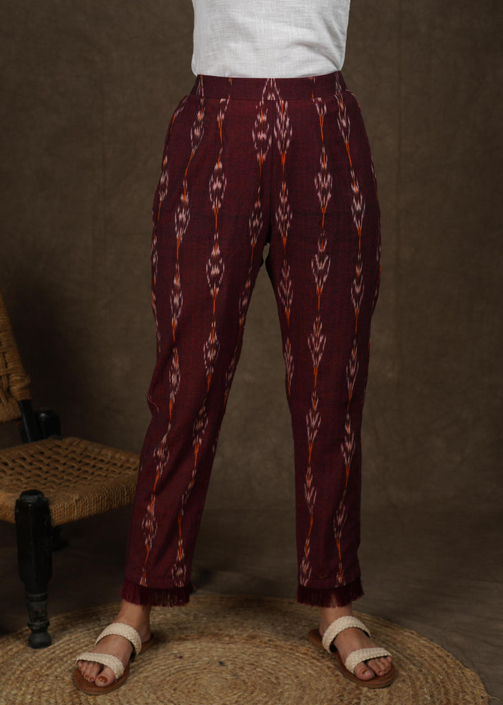 Elegant maroon ikat narrow fitted trouser with fringes on the hemline