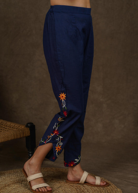 Trendy navy blue cotton trouser with beautiful embroidery on side slit