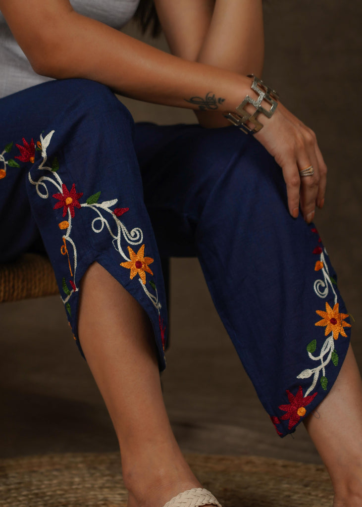 Trendy navy blue cotton trouser with beautiful embroidery on side slit