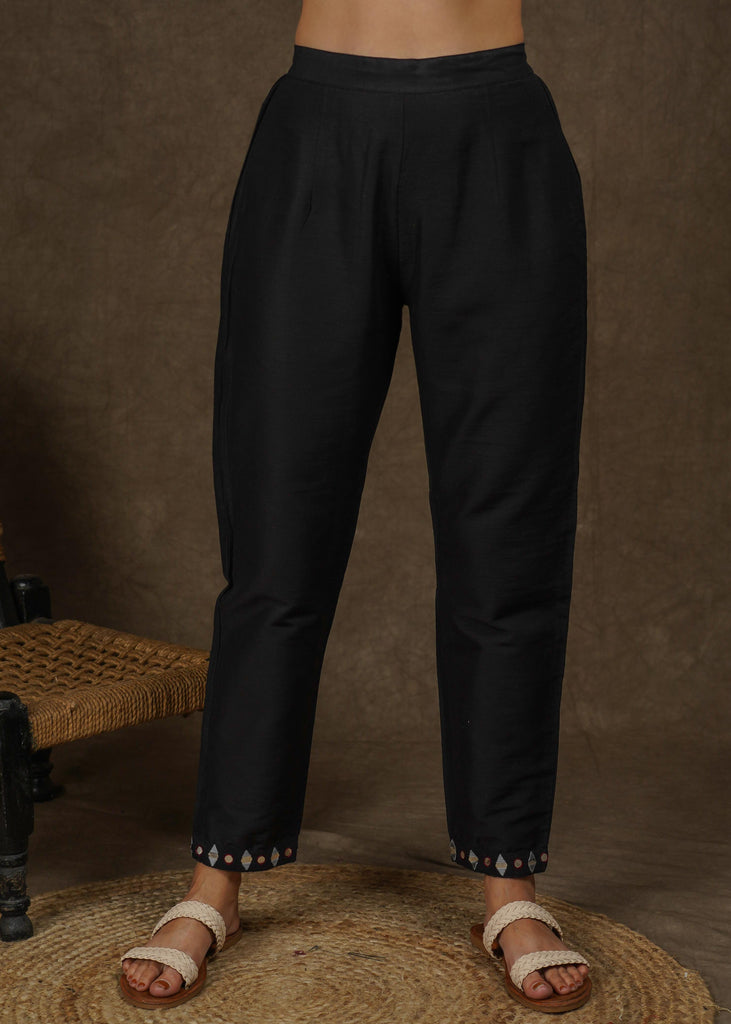 Classy Black Cotton Silk Pants with Elegant Mirror Embroidery