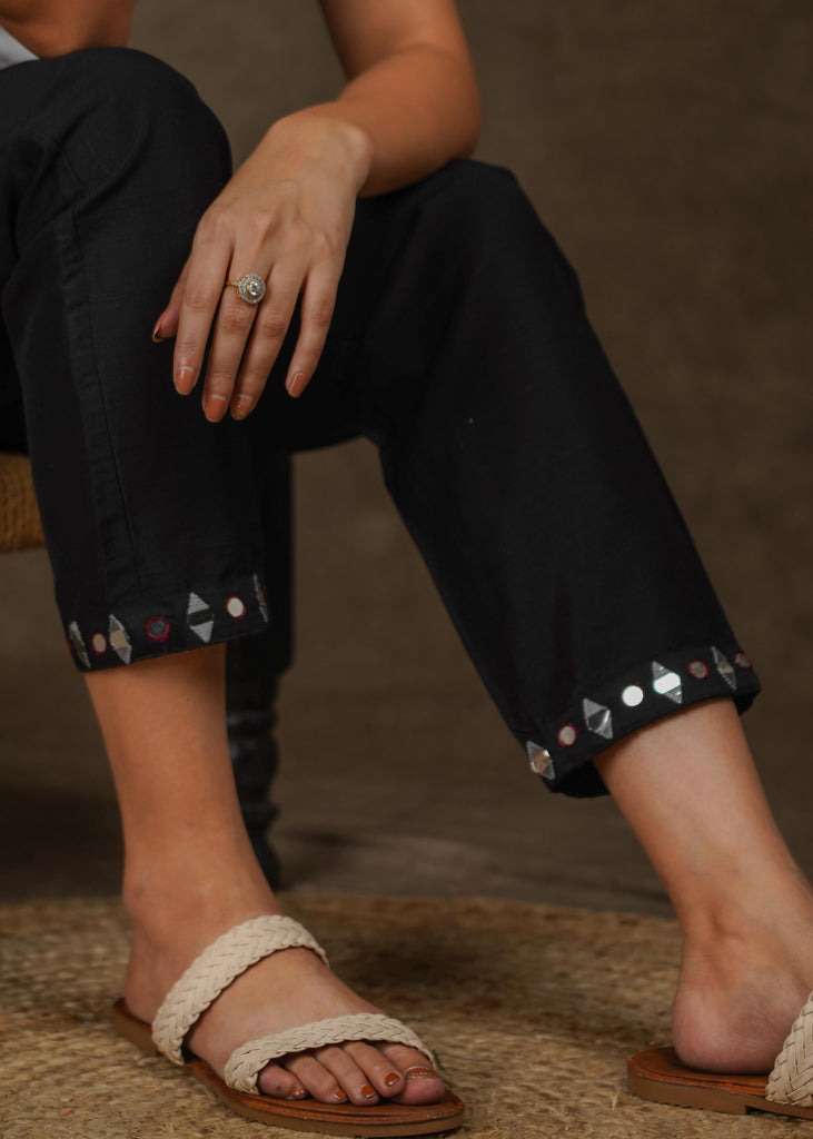 Classy Black Cotton Silk Pants with Elegant Mirror Embroidery