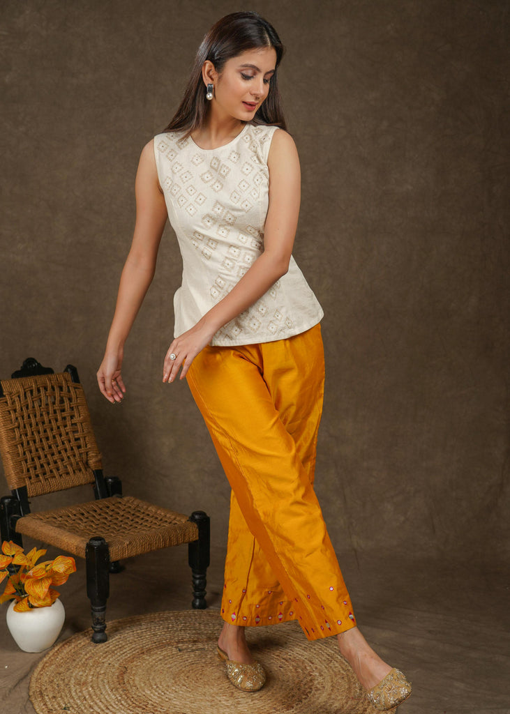Classy yellow Chanderi wide leg palazzo pant with mirror embroidery on hemline