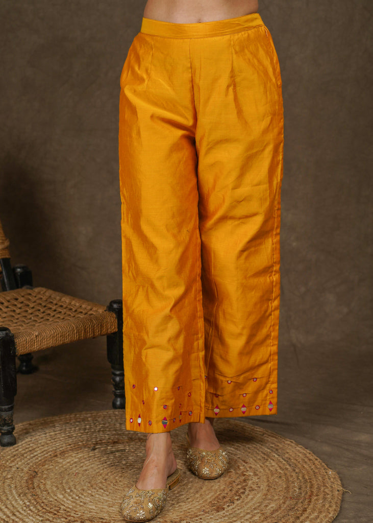 Classy yellow Chanderi wide leg palazzo pant with mirror embroidery on hemline
