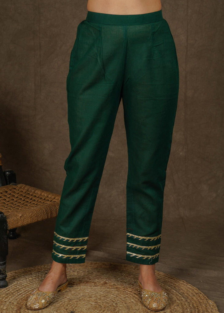 Smart bottle green rayon narrow fitted pant with beautiful lace on hem