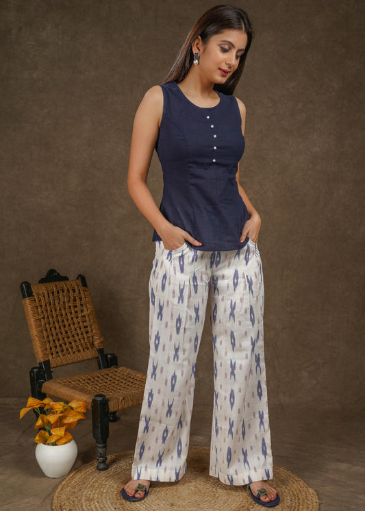 Smart casual ivory ikat straight fit cotton pant
