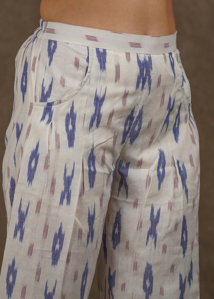 Smart casual ivory ikat straight fit cotton pant