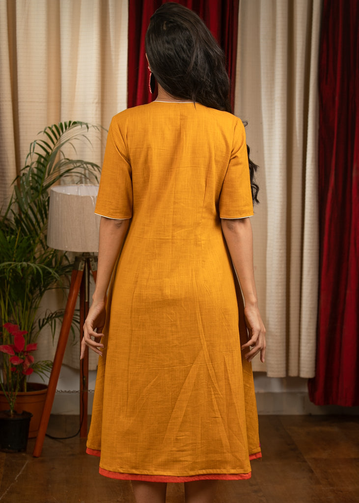 Mustard cotton dress with full front embroidery yoke