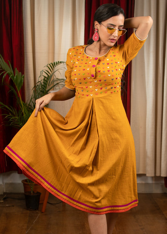 Mustard cotton dress with full front embroidery yoke