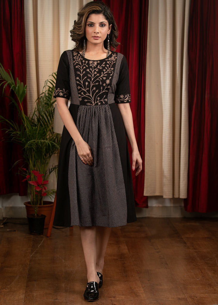 Black cotton & zigzag pattern embroidered yoke dress