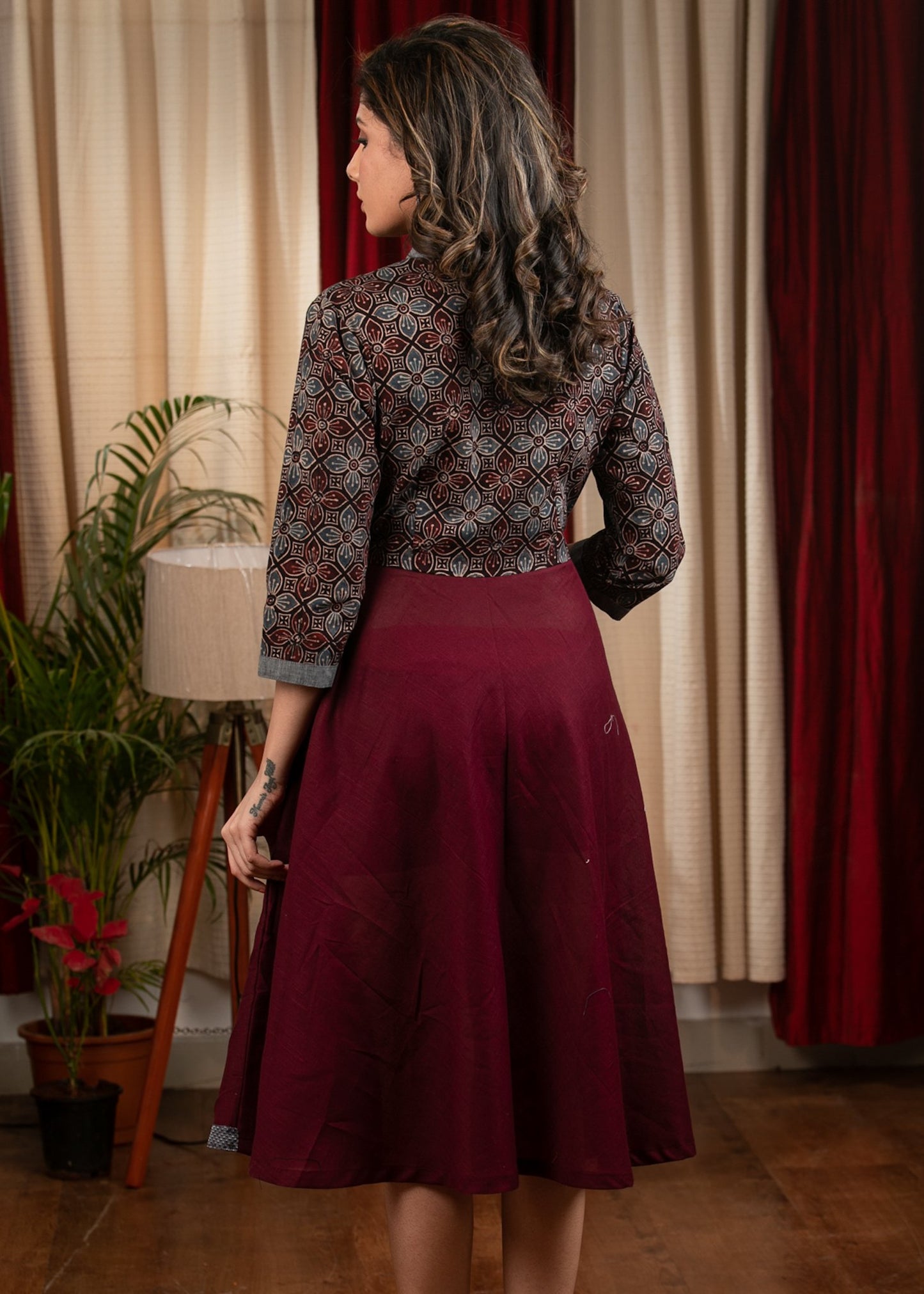 Wine cotton dress with grey Ajrakh yoke & sleeves