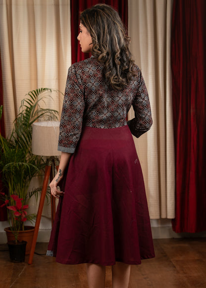 Wine cotton dress with grey Ajrakh yoke & sleeves