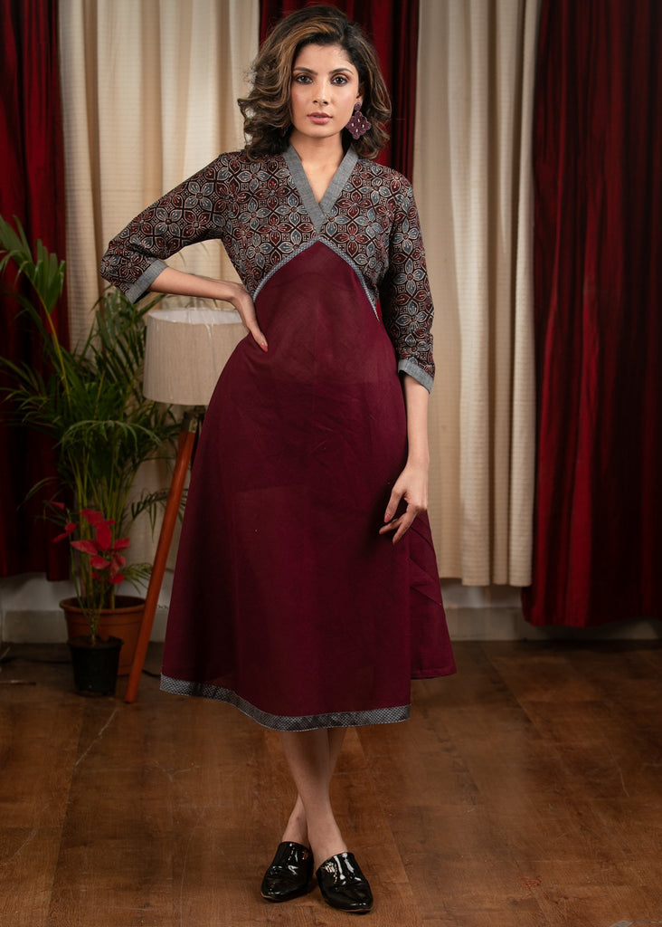 Wine cotton dress with grey Ajrakh yoke & sleeves